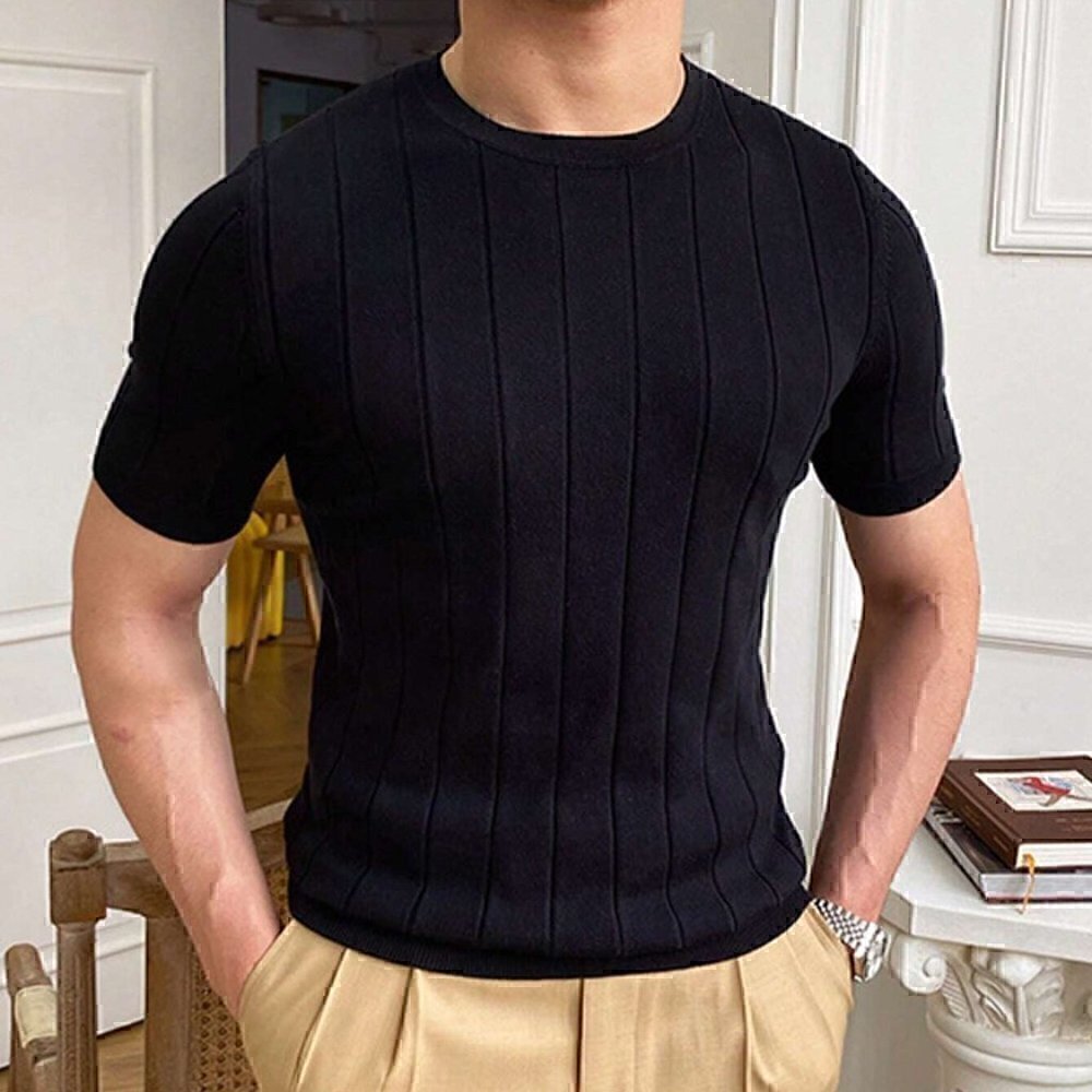 Black Preppy Womens Men Solid Ribbed Knit Top